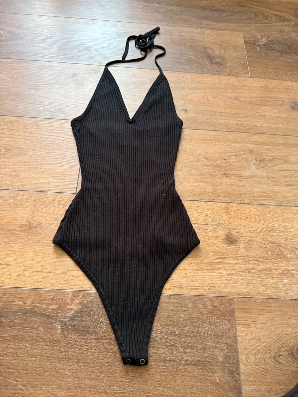 Black Ribbed Halter One-Piece Bodysuit Size S